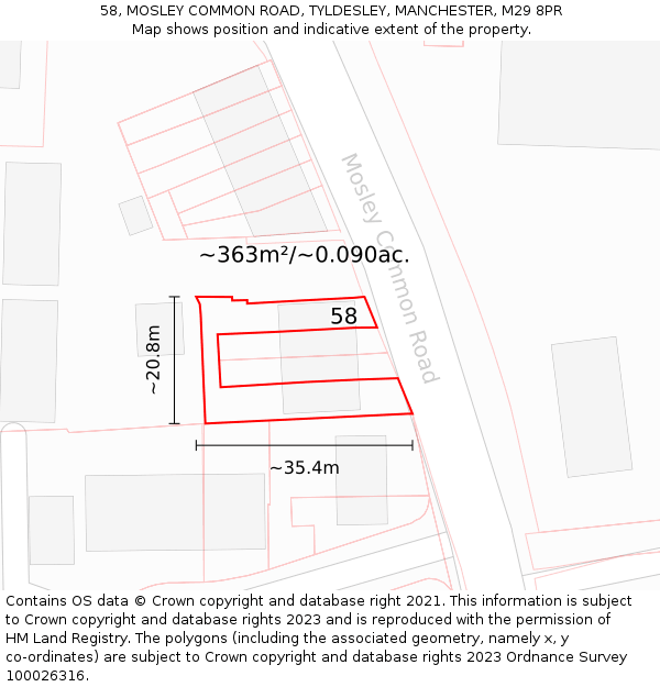 58, MOSLEY COMMON ROAD, TYLDESLEY, MANCHESTER, M29 8PR: Plot and title map