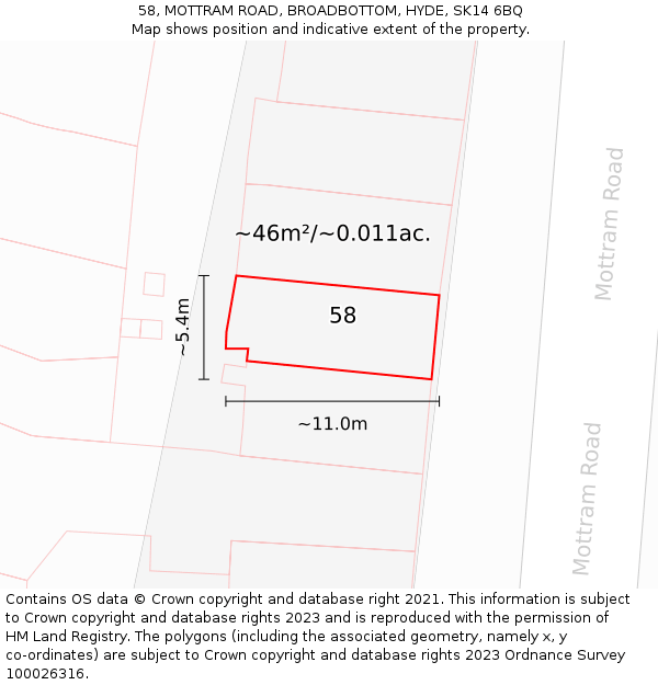 58, MOTTRAM ROAD, BROADBOTTOM, HYDE, SK14 6BQ: Plot and title map