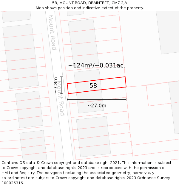 58, MOUNT ROAD, BRAINTREE, CM7 3JA: Plot and title map