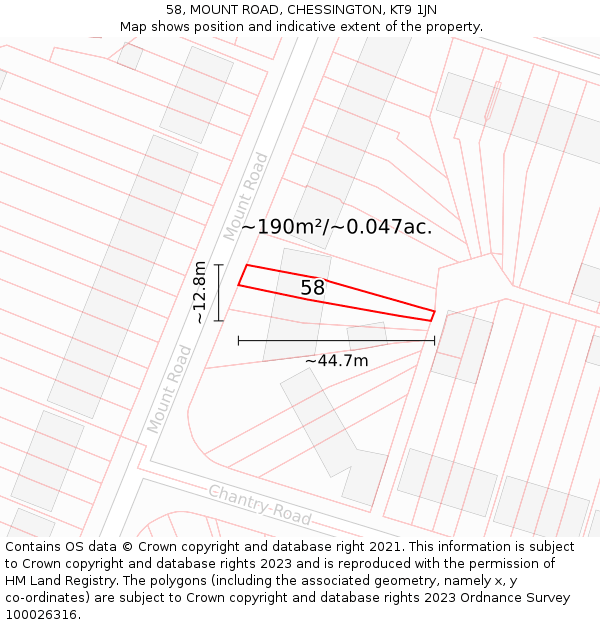 58, MOUNT ROAD, CHESSINGTON, KT9 1JN: Plot and title map