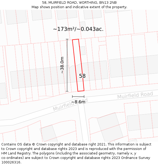 58, MUIRFIELD ROAD, WORTHING, BN13 2NB: Plot and title map