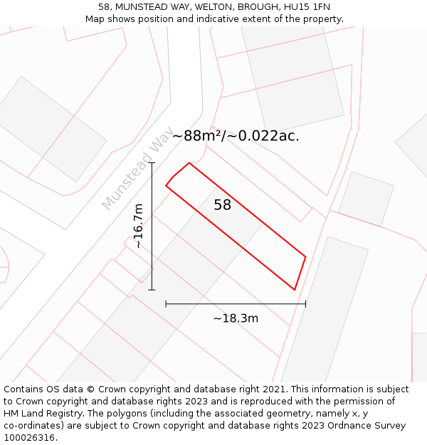 58, MUNSTEAD WAY, WELTON, BROUGH, HU15 1FN: Plot and title map