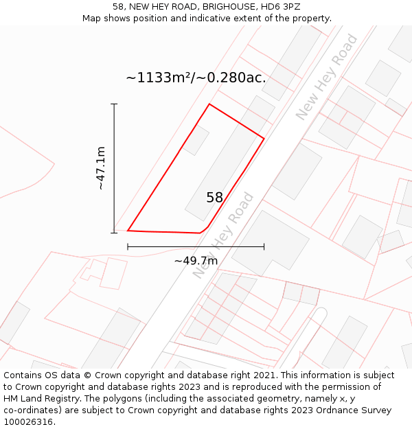 58, NEW HEY ROAD, BRIGHOUSE, HD6 3PZ: Plot and title map