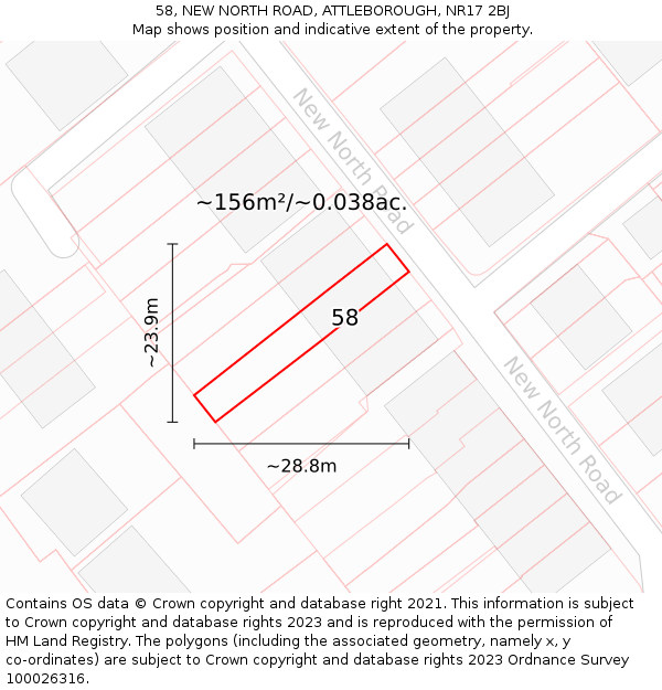 58, NEW NORTH ROAD, ATTLEBOROUGH, NR17 2BJ: Plot and title map