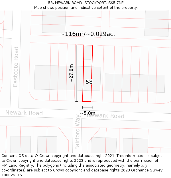 58, NEWARK ROAD, STOCKPORT, SK5 7NF: Plot and title map
