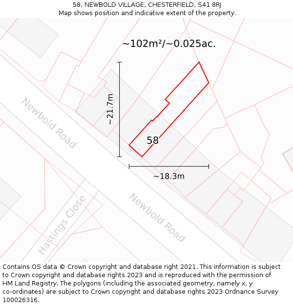 58, NEWBOLD VILLAGE, CHESTERFIELD, S41 8RJ: Plot and title map