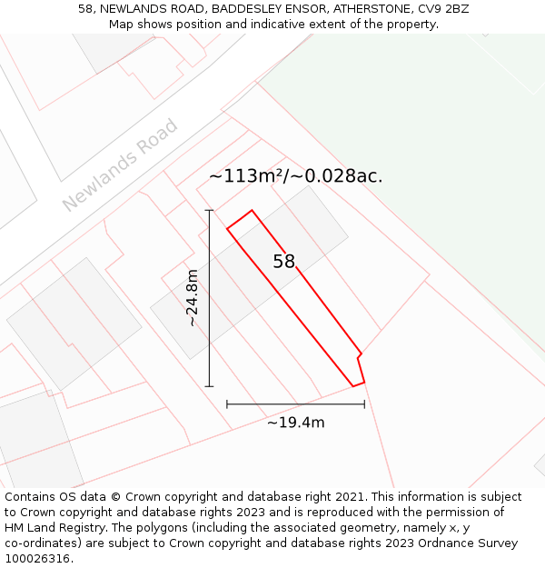 58, NEWLANDS ROAD, BADDESLEY ENSOR, ATHERSTONE, CV9 2BZ: Plot and title map