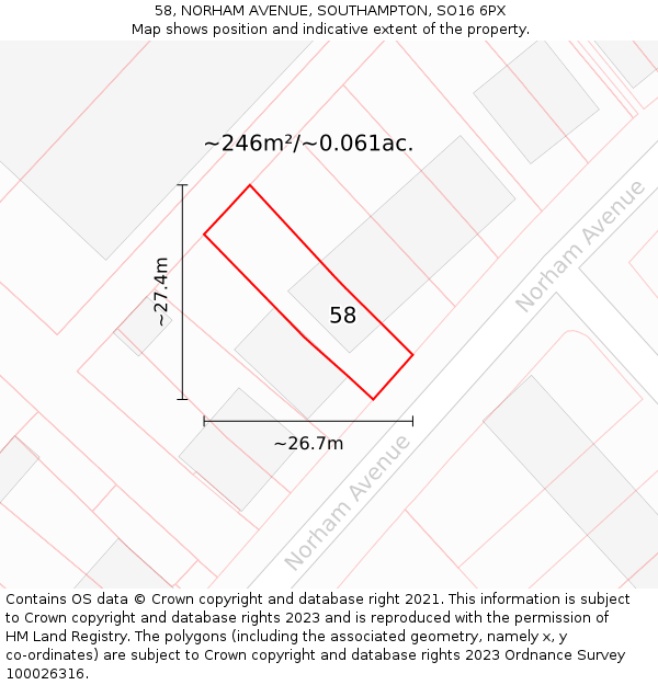 58, NORHAM AVENUE, SOUTHAMPTON, SO16 6PX: Plot and title map