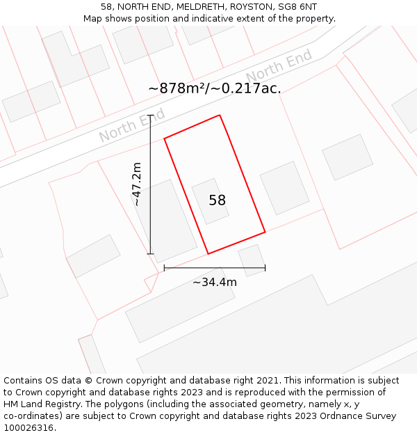 58, NORTH END, MELDRETH, ROYSTON, SG8 6NT: Plot and title map