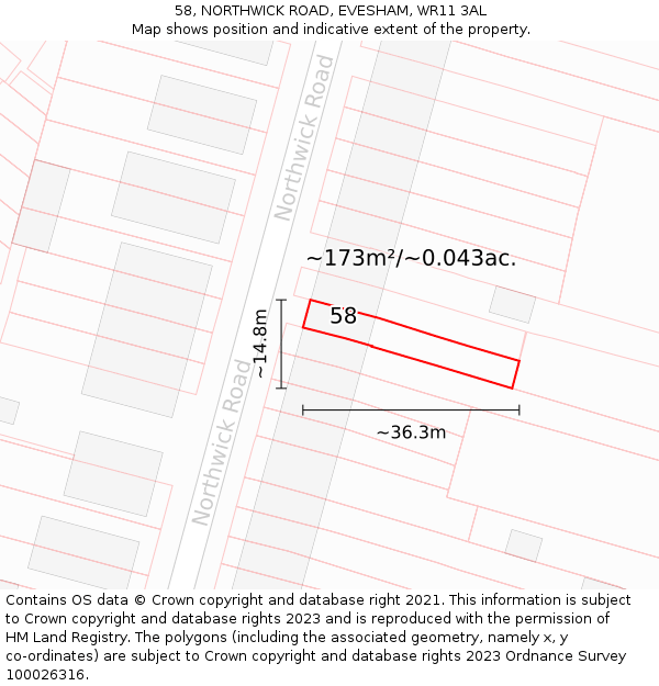 58, NORTHWICK ROAD, EVESHAM, WR11 3AL: Plot and title map