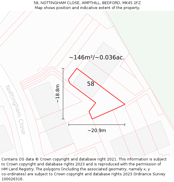 58, NOTTINGHAM CLOSE, AMPTHILL, BEDFORD, MK45 2FZ: Plot and title map