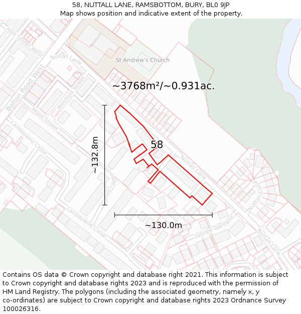 58, NUTTALL LANE, RAMSBOTTOM, BURY, BL0 9JP: Plot and title map