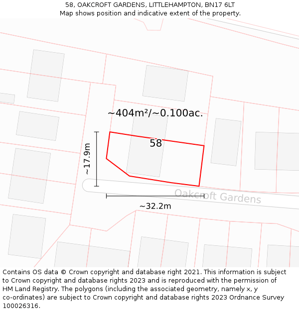 58, OAKCROFT GARDENS, LITTLEHAMPTON, BN17 6LT: Plot and title map