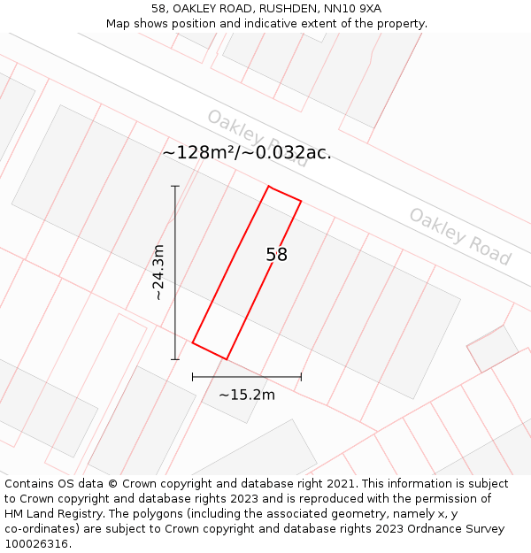 58, OAKLEY ROAD, RUSHDEN, NN10 9XA: Plot and title map