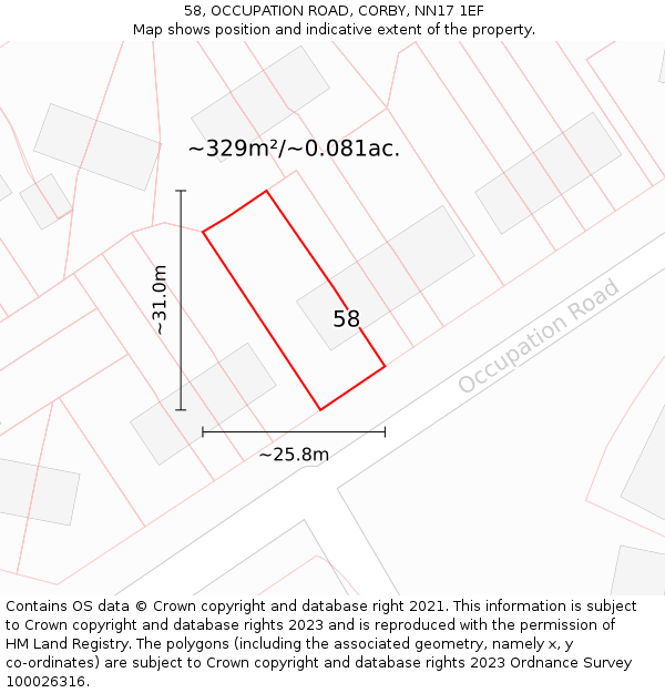 58, OCCUPATION ROAD, CORBY, NN17 1EF: Plot and title map