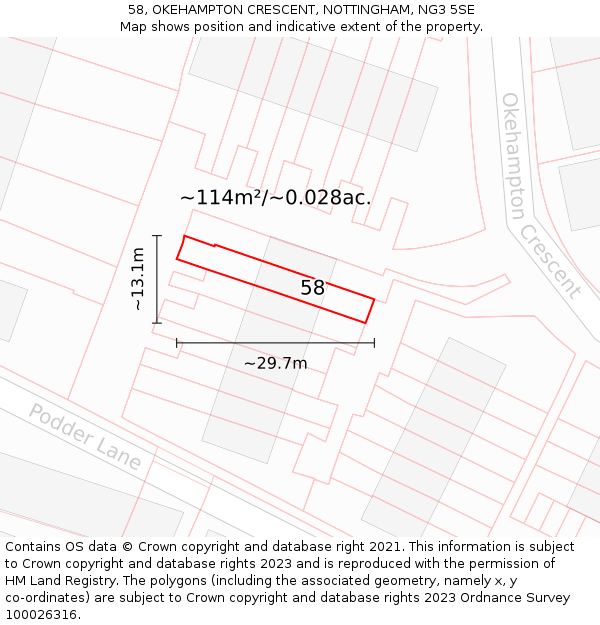 58, OKEHAMPTON CRESCENT, NOTTINGHAM, NG3 5SE: Plot and title map