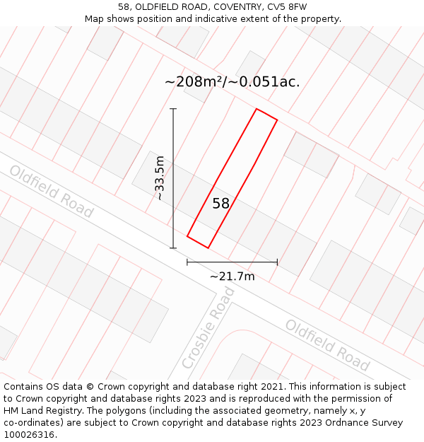 58, OLDFIELD ROAD, COVENTRY, CV5 8FW: Plot and title map