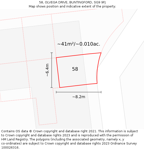 58, OLVEGA DRIVE, BUNTINGFORD, SG9 9FJ: Plot and title map