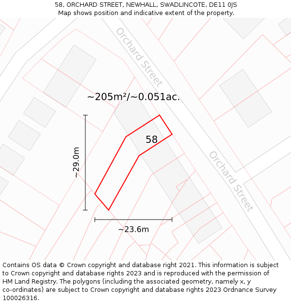 58, ORCHARD STREET, NEWHALL, SWADLINCOTE, DE11 0JS: Plot and title map
