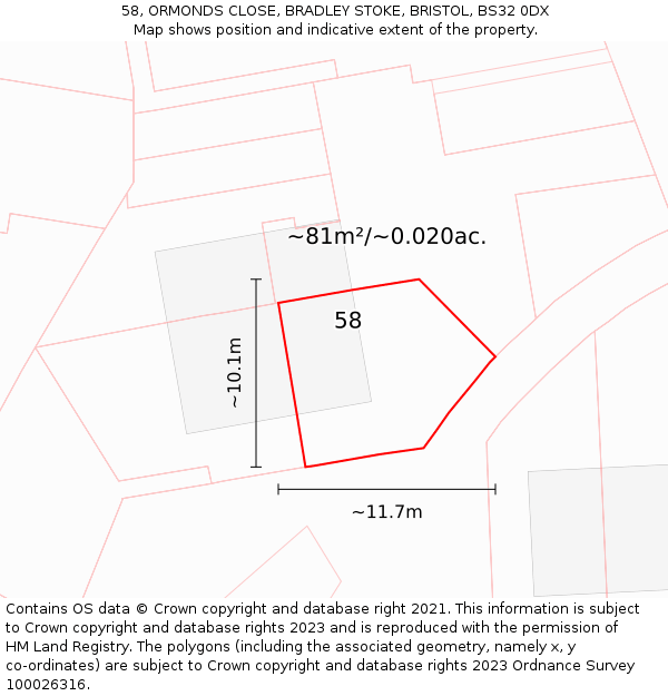 58, ORMONDS CLOSE, BRADLEY STOKE, BRISTOL, BS32 0DX: Plot and title map