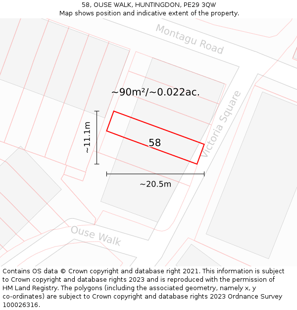58, OUSE WALK, HUNTINGDON, PE29 3QW: Plot and title map