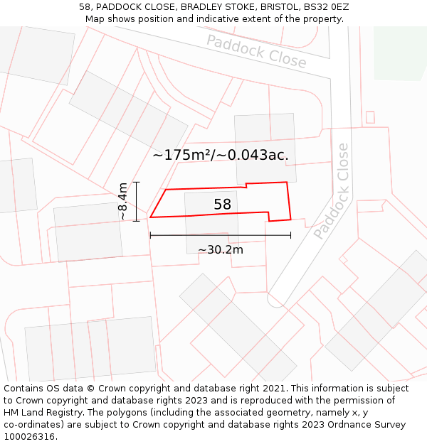 58, PADDOCK CLOSE, BRADLEY STOKE, BRISTOL, BS32 0EZ: Plot and title map