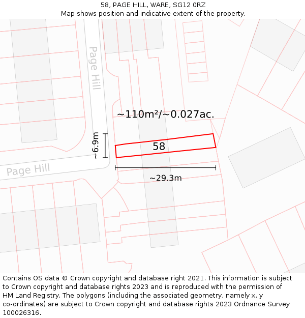 58, PAGE HILL, WARE, SG12 0RZ: Plot and title map