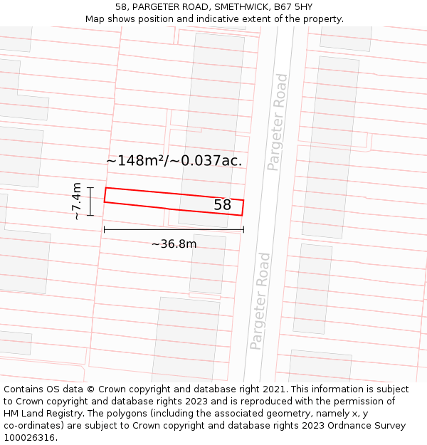 58, PARGETER ROAD, SMETHWICK, B67 5HY: Plot and title map
