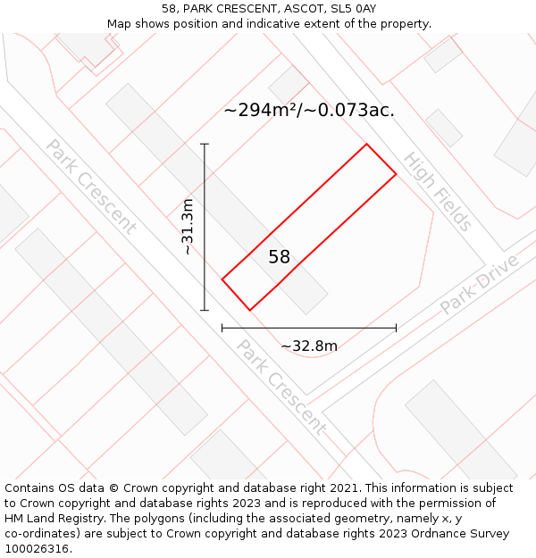 58, PARK CRESCENT, ASCOT, SL5 0AY: Plot and title map