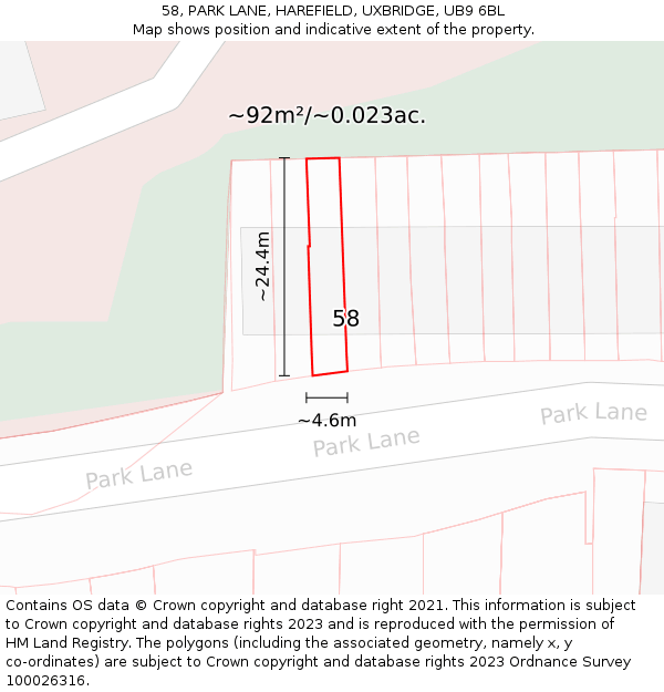 58, PARK LANE, HAREFIELD, UXBRIDGE, UB9 6BL: Plot and title map