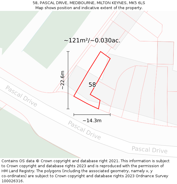 58, PASCAL DRIVE, MEDBOURNE, MILTON KEYNES, MK5 6LS: Plot and title map