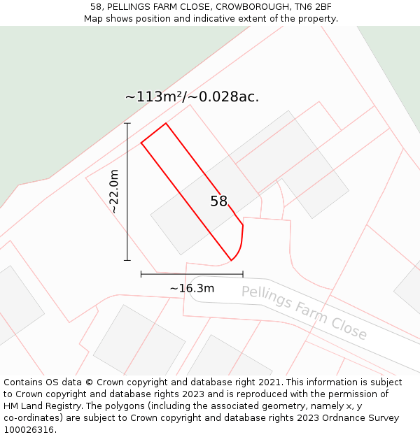 58, PELLINGS FARM CLOSE, CROWBOROUGH, TN6 2BF: Plot and title map