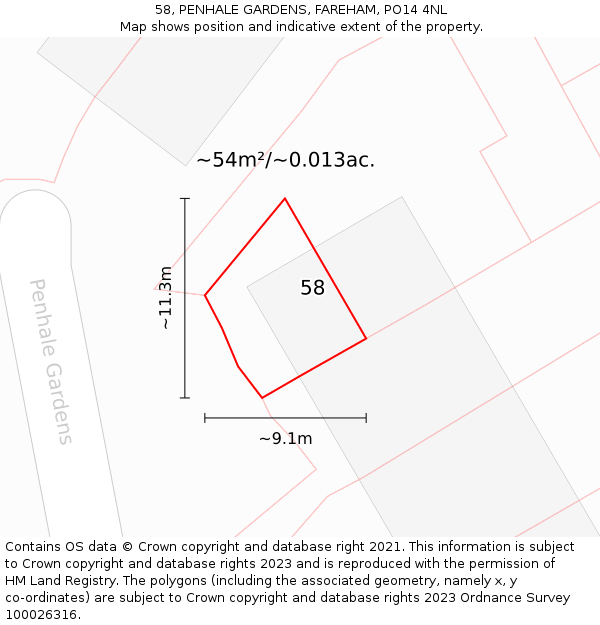 58, PENHALE GARDENS, FAREHAM, PO14 4NL: Plot and title map