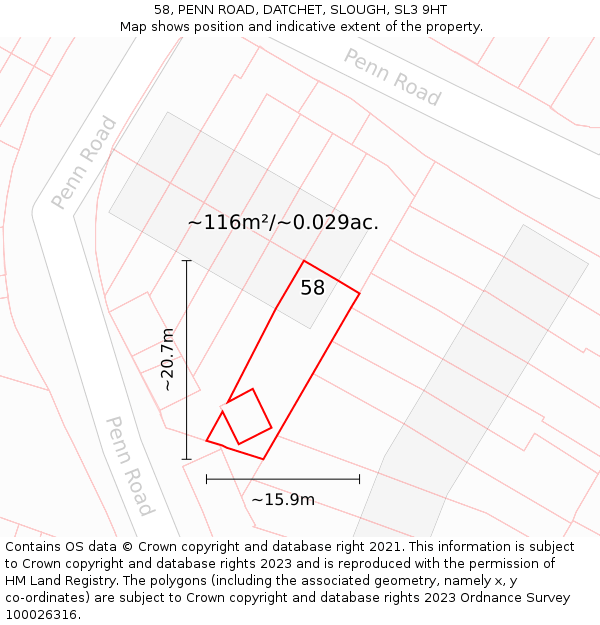 58, PENN ROAD, DATCHET, SLOUGH, SL3 9HT: Plot and title map