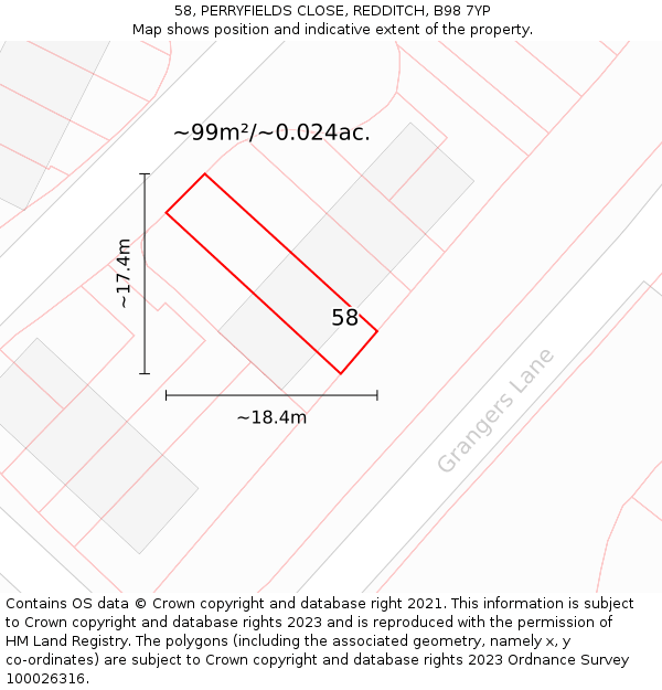 58, PERRYFIELDS CLOSE, REDDITCH, B98 7YP: Plot and title map
