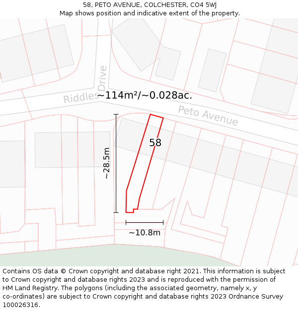 58, PETO AVENUE, COLCHESTER, CO4 5WJ: Plot and title map