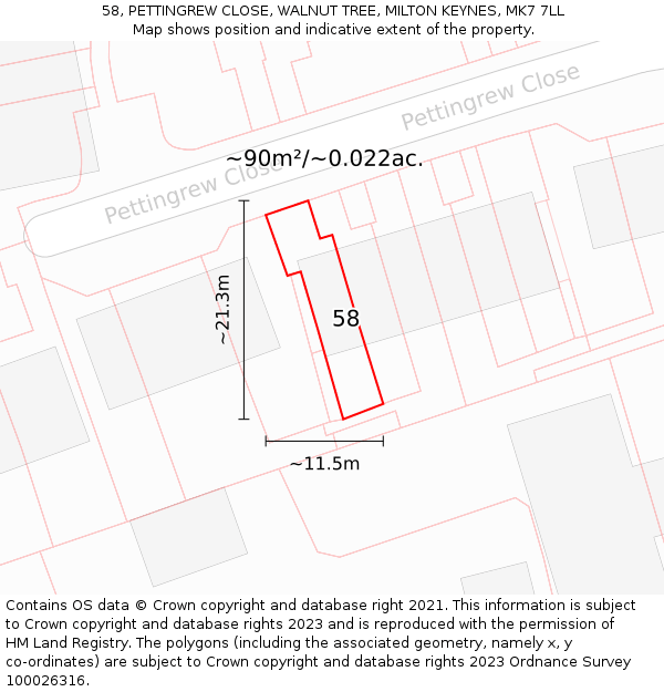 58, PETTINGREW CLOSE, WALNUT TREE, MILTON KEYNES, MK7 7LL: Plot and title map