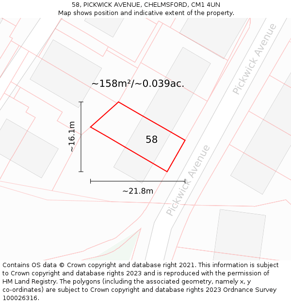 58, PICKWICK AVENUE, CHELMSFORD, CM1 4UN: Plot and title map