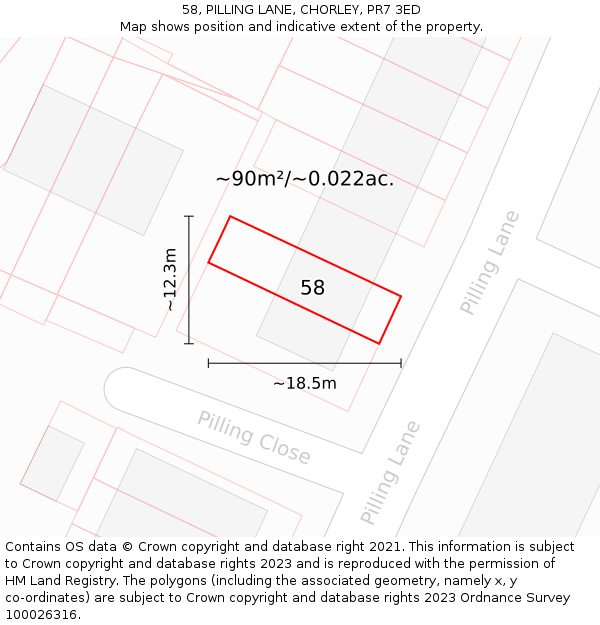 58, PILLING LANE, CHORLEY, PR7 3ED: Plot and title map