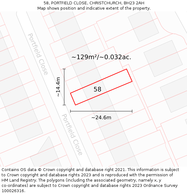 58, PORTFIELD CLOSE, CHRISTCHURCH, BH23 2AH: Plot and title map