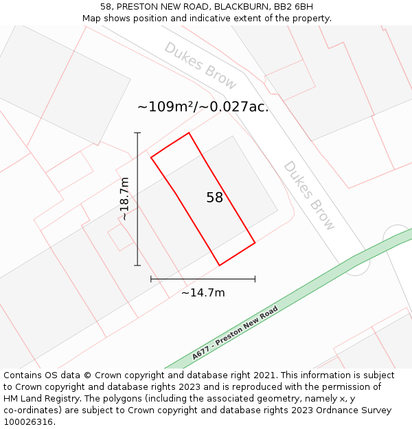 58, PRESTON NEW ROAD, BLACKBURN, BB2 6BH: Plot and title map