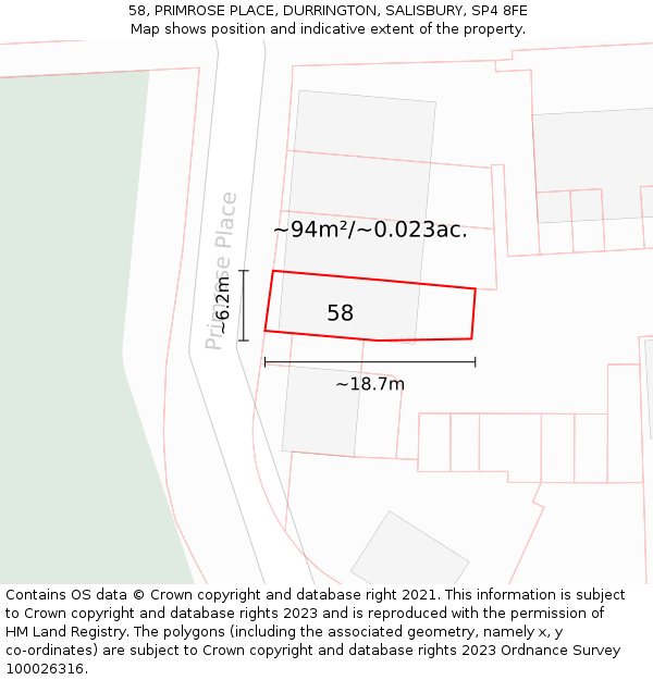 58, PRIMROSE PLACE, DURRINGTON, SALISBURY, SP4 8FE: Plot and title map