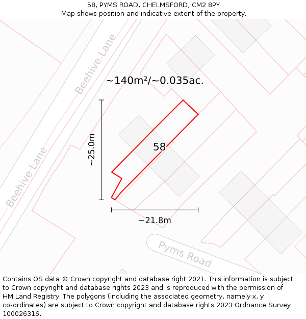 58, PYMS ROAD, CHELMSFORD, CM2 8PY: Plot and title map