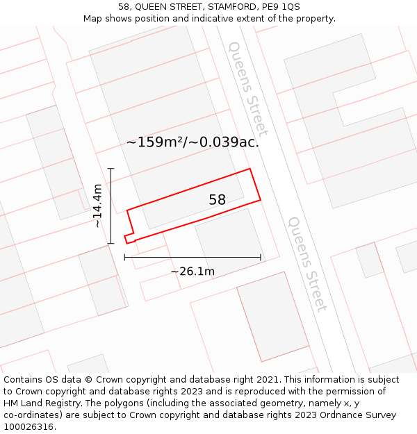 58, QUEEN STREET, STAMFORD, PE9 1QS: Plot and title map
