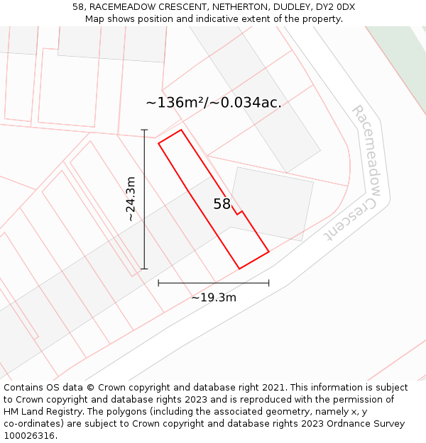 58, RACEMEADOW CRESCENT, NETHERTON, DUDLEY, DY2 0DX: Plot and title map