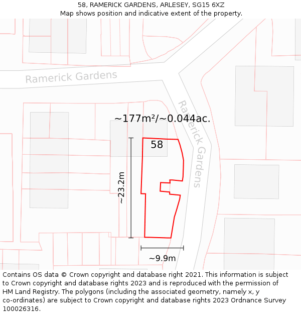 58, RAMERICK GARDENS, ARLESEY, SG15 6XZ: Plot and title map