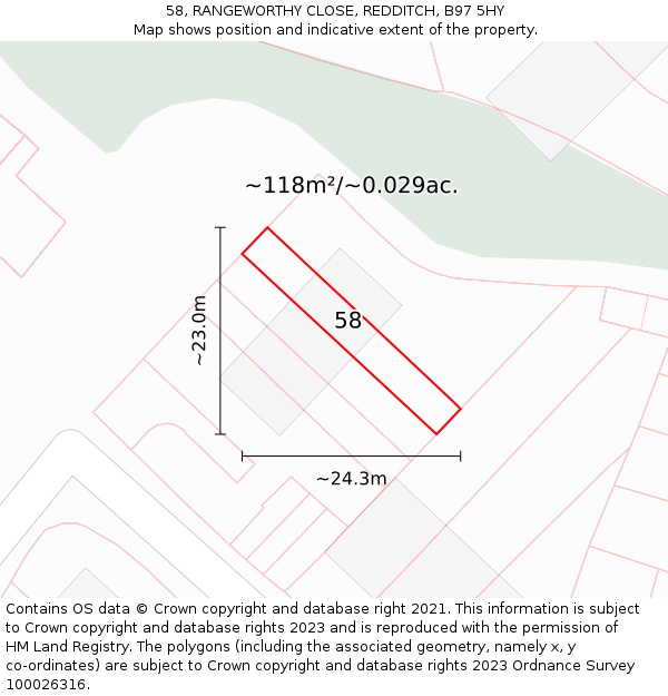 58, RANGEWORTHY CLOSE, REDDITCH, B97 5HY: Plot and title map