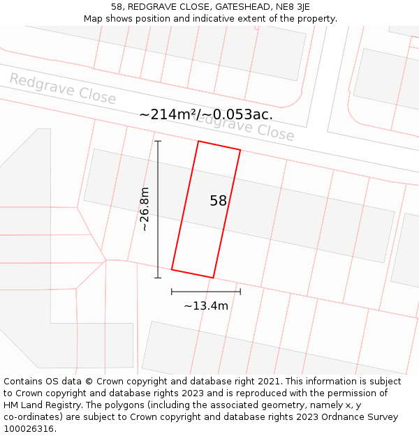 58, REDGRAVE CLOSE, GATESHEAD, NE8 3JE: Plot and title map