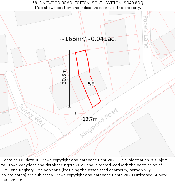 58, RINGWOOD ROAD, TOTTON, SOUTHAMPTON, SO40 8DQ: Plot and title map