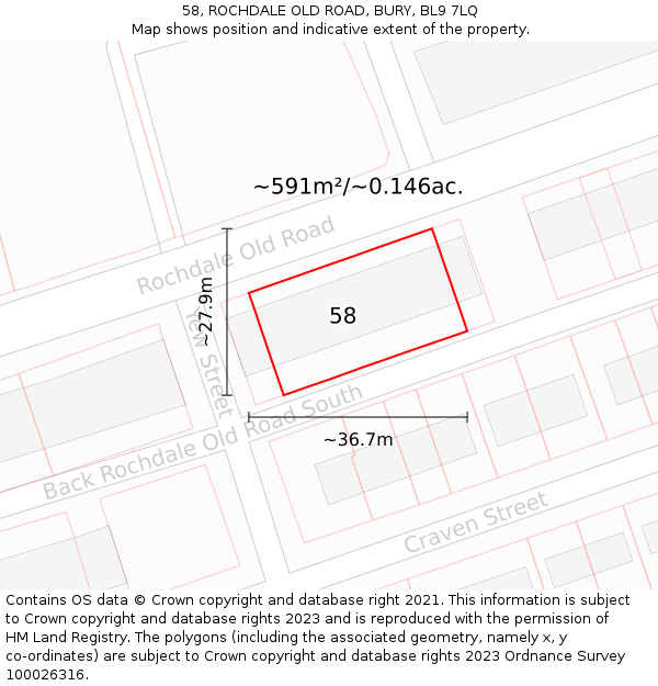 58, ROCHDALE OLD ROAD, BURY, BL9 7LQ: Plot and title map